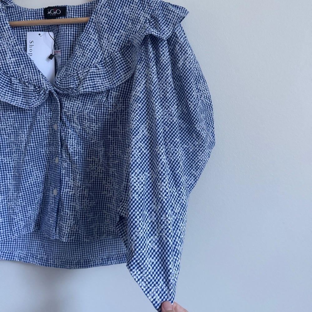 NEW Gigio Gingham Floral Puff Sleeve Top size small blue ruffle boho NWT blouse - Picture 5 of 6